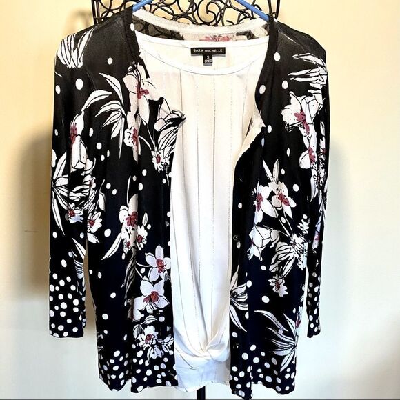 SARA MICHELLE SILKY WHITE BLOUSE WITH METALLIC SILVER PINSTRIPES S NWOT - Picture 8 of 13